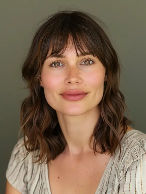 23 Explore Trendy Brown Hair with Bangs: Bottleneck, Face-Framing, and Textured Styles for Every Face Shape