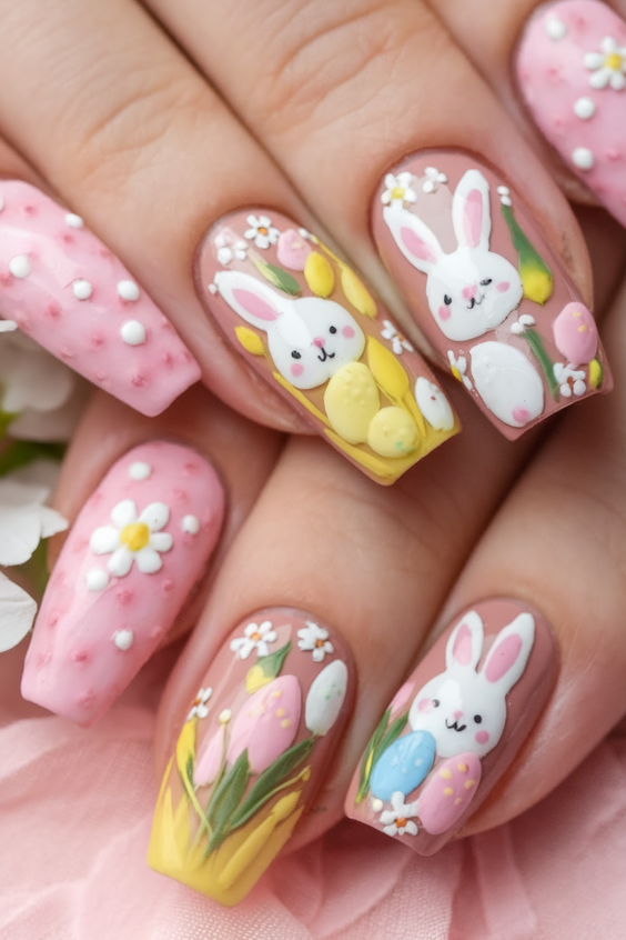 Explore Top Spring Summer Nails Ideas 2025: Pink Florals and Bunny Themes.