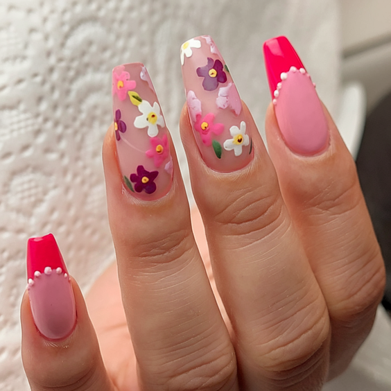 Explore Top Spring Summer Nails Ideas 2025: Pink Florals and Bunny Themes.