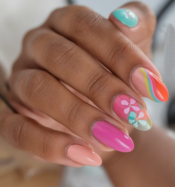 Bright Summer Nail Inspo 2025 with Bold Neon Colors and Pastel Florals for All Nail Shapes