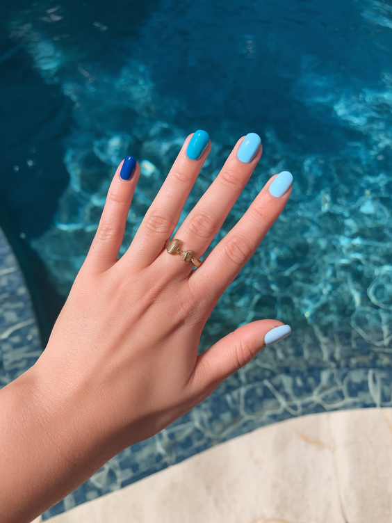 Bright Summer Blue Nails Ideas 2025 for Beach Vacations, Almond Shapes, and Simple Square Designs