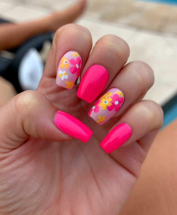 Summer Flower Nails Ideas 2025 for Every Style from Hibiscus to Pink and Orange Acrylic Looks