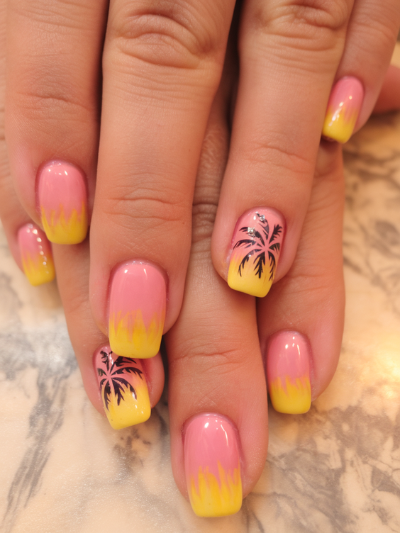Tropical Sunset and Palm Tree Hawaii Nails Ideas 2025 for Vibrant Summer Vibes