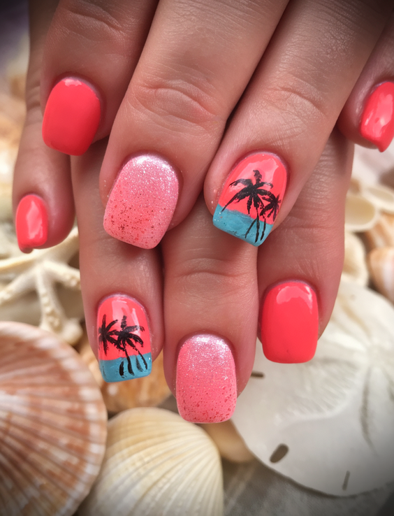 Tropical Sunset and Palm Tree Hawaii Nails Ideas 2025 for Vibrant Summer Vibes