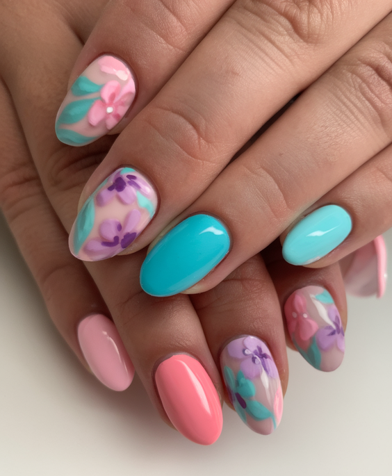Fresh Summer Acrylic Nail Ideas 2025 with Bright Colors, Floral Accents, and Modern Art Vibes