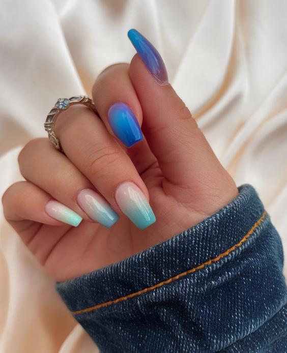 Bright Summer Blue Nails Ideas 2025 for Beach Vacations, Almond Shapes, and Simple Square Designs