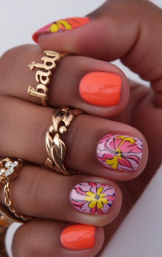 Summer Flower Nails Ideas 2025 for Every Style from Hibiscus to Pink and Orange Acrylic Looks