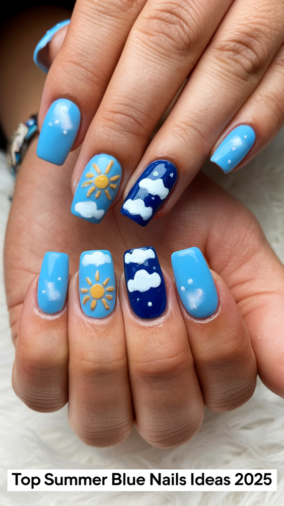 Bright Summer Blue Nails Ideas 2025 for Beach Vacations, Almond Shapes, and Simple Square Designs