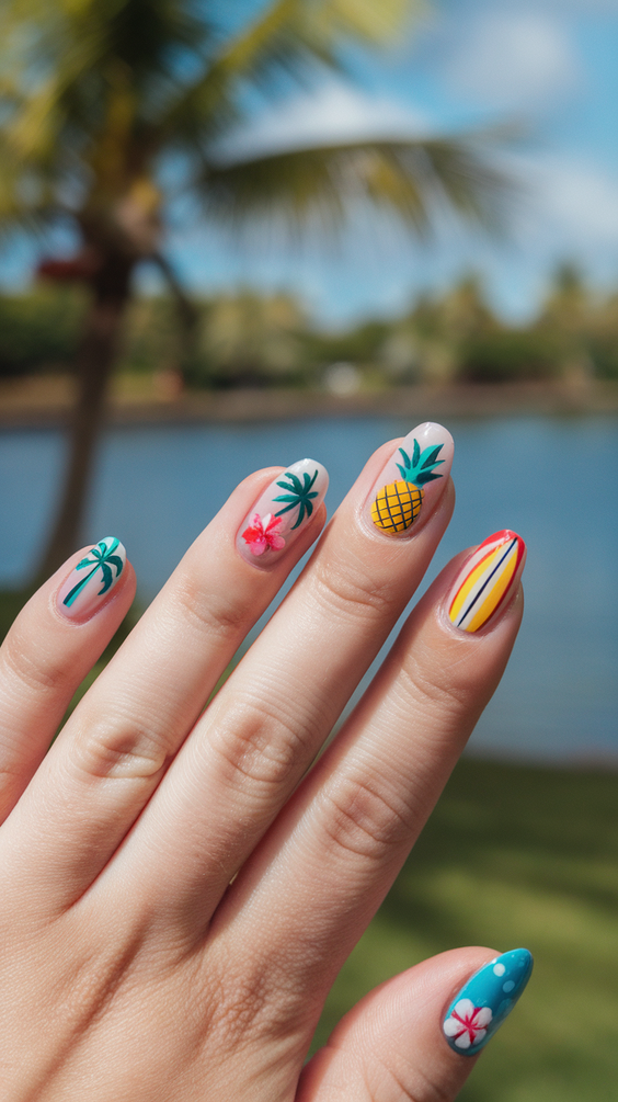Tropical Sunset and Palm Tree Hawaii Nails Ideas 2025 for Vibrant Summer Vibes