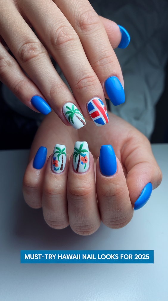 Tropical Sunset and Palm Tree Hawaii Nails Ideas 2025 for Vibrant Summer Vibes