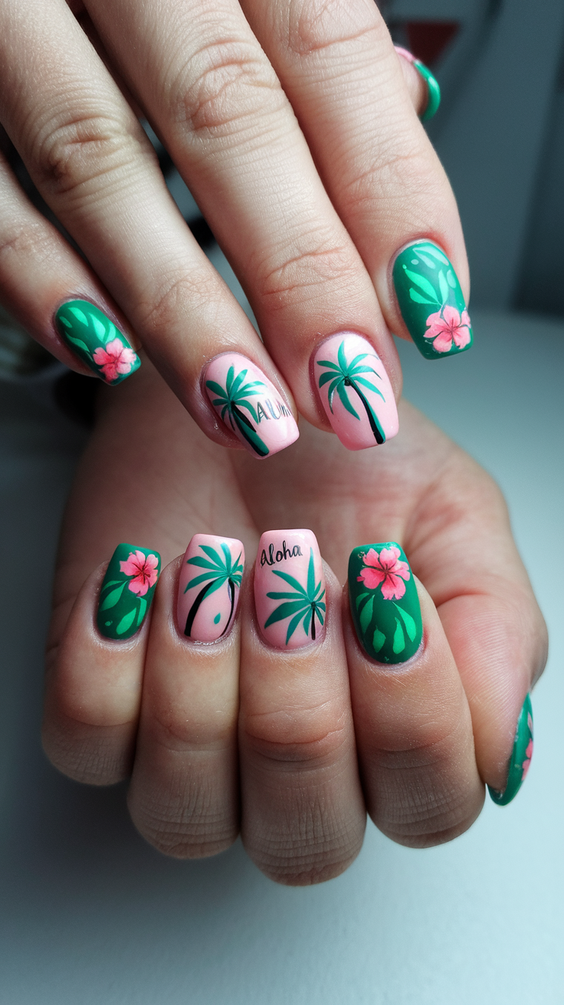 Tropical Sunset and Palm Tree Hawaii Nails Ideas 2025 for Vibrant Summer Vibes