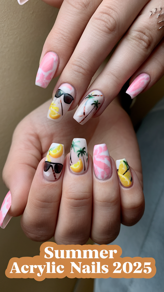 Fresh Summer Acrylic Nail Ideas 2025 with Bright Colors, Floral Accents, and Modern Art Vibes