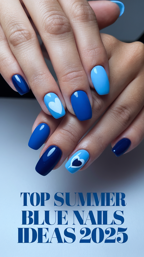 Bright Summer Blue Nails Ideas 2025 for Beach Vacations, Almond Shapes, and Simple Square Designs