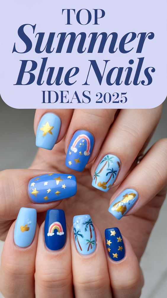 Bright Summer Blue Nails Ideas 2025 for Beach Vacations, Almond Shapes, and Simple Square Designs
