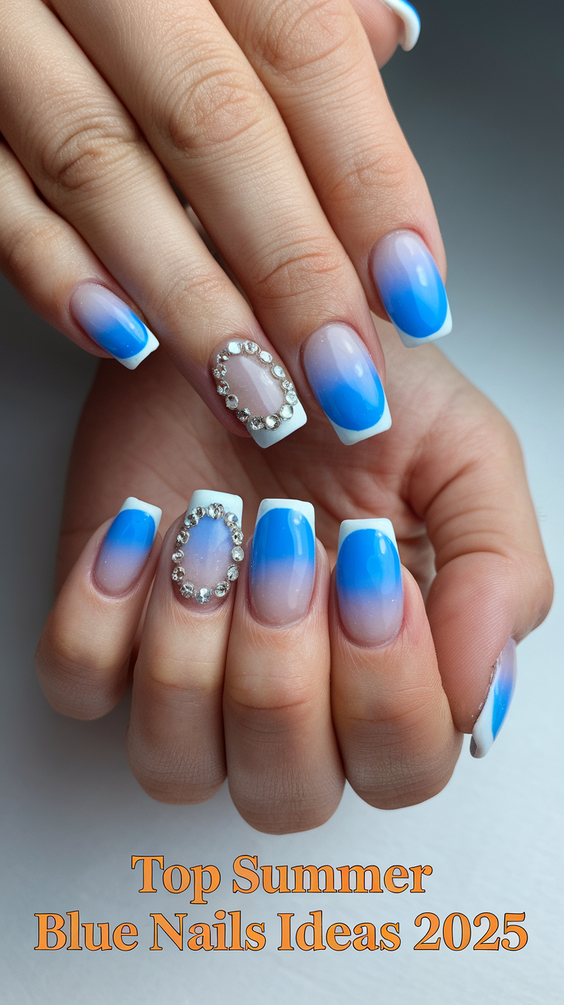 Bright Summer Blue Nails Ideas 2025 for Beach Vacations, Almond Shapes, and Simple Square Designs