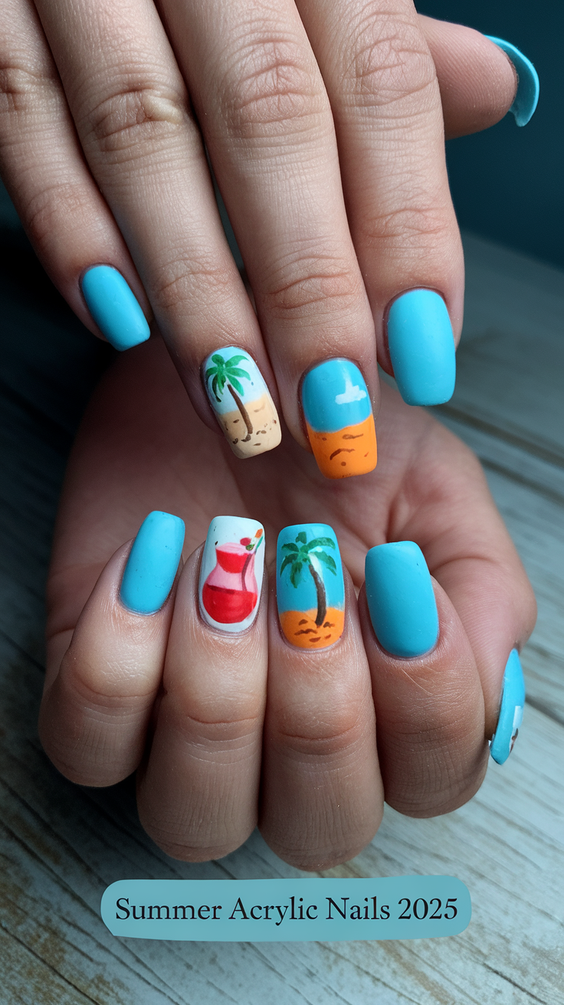 Fresh Summer Acrylic Nail Ideas 2025 with Bright Colors, Floral Accents, and Modern Art Vibes