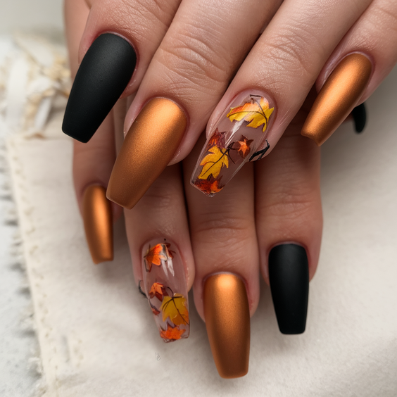 Elegant Designs for Fall Ballerina Nails 2025 That Embrace Gold, Matte, and Autumn Leaf Art