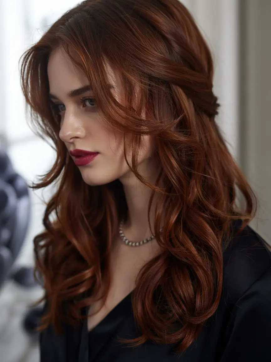 Auburn Winter Hair Colors 2025–2026 Trends Soft Auburn Half-Up Elegance