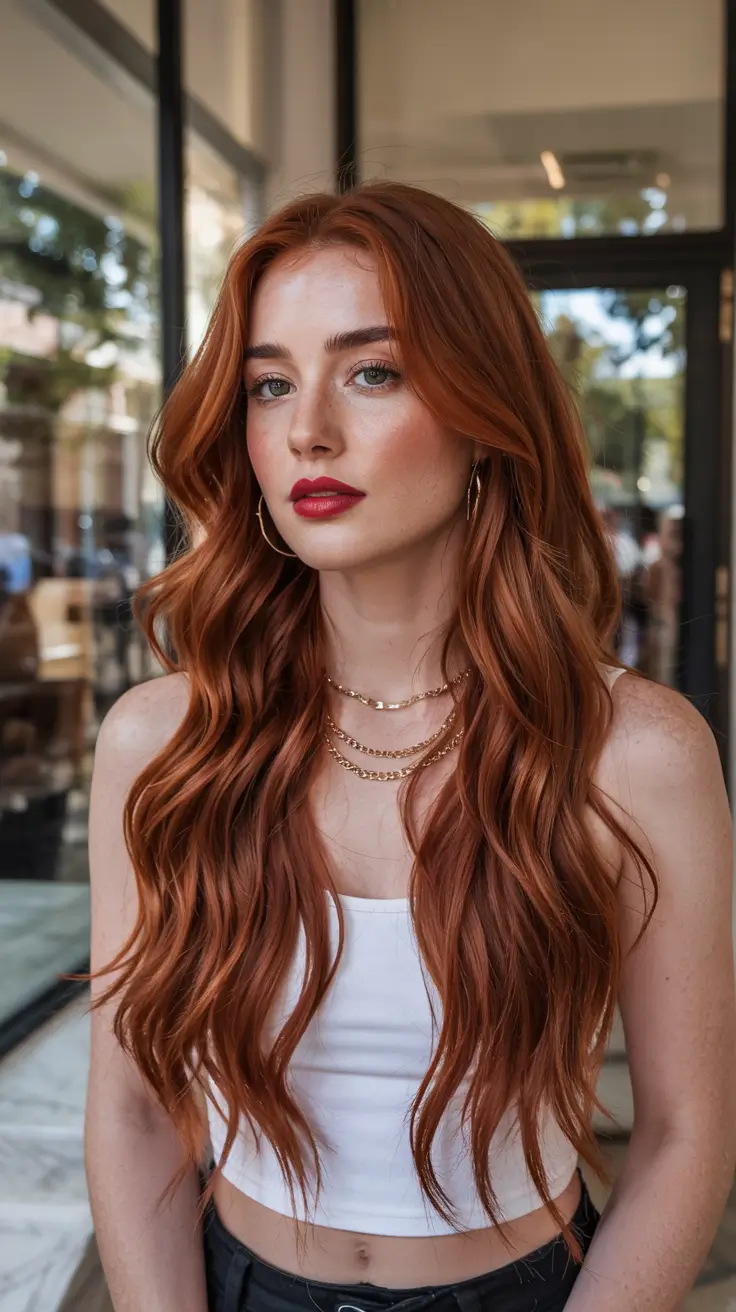 Auburn Winter Hair Colors 2025–2026 Trends Copper-Toned Auburn With Flowing Waves