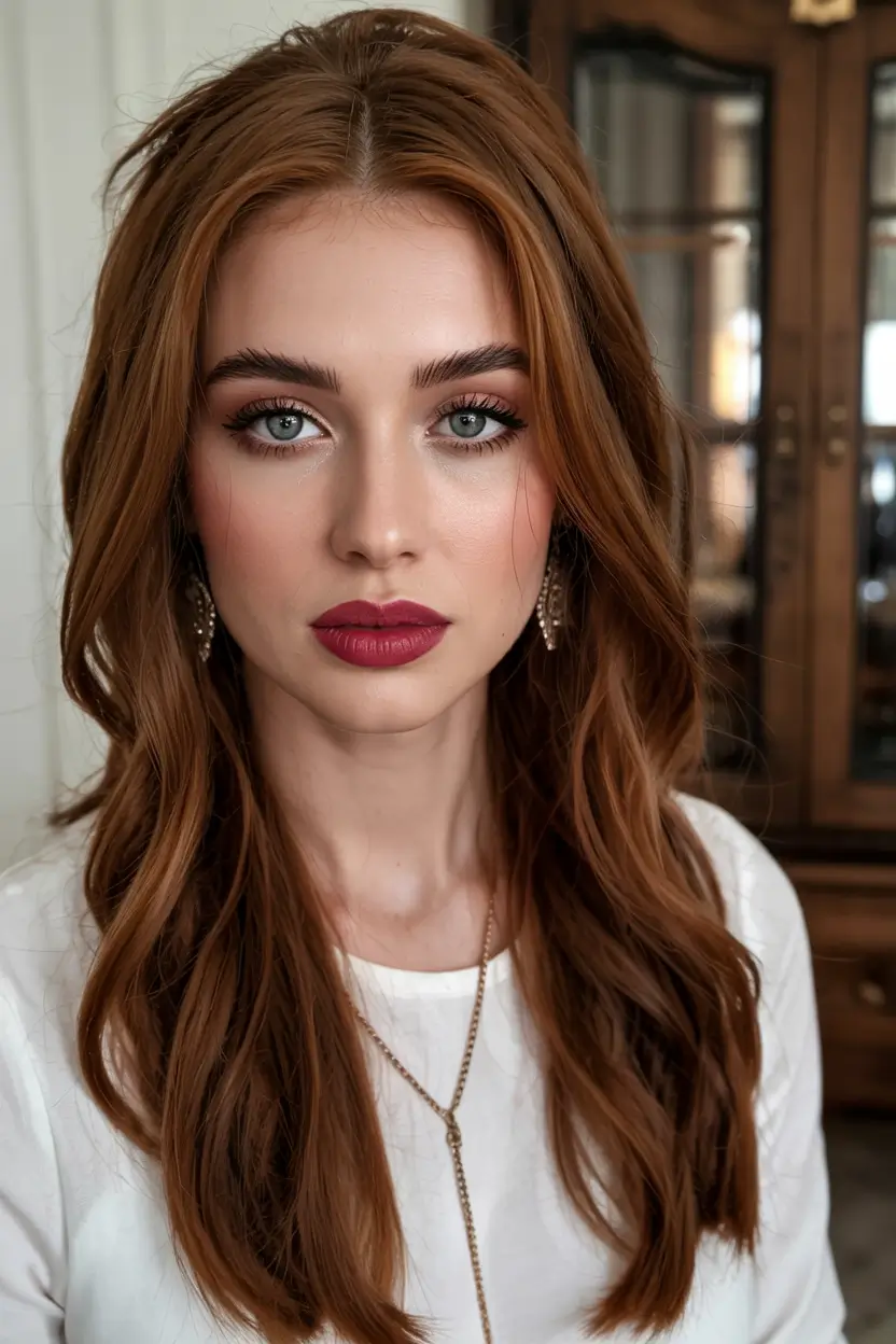Auburn Winter Hair Colors 2025–2026 Trends Polished Auburn Elegance With Bold Makeup