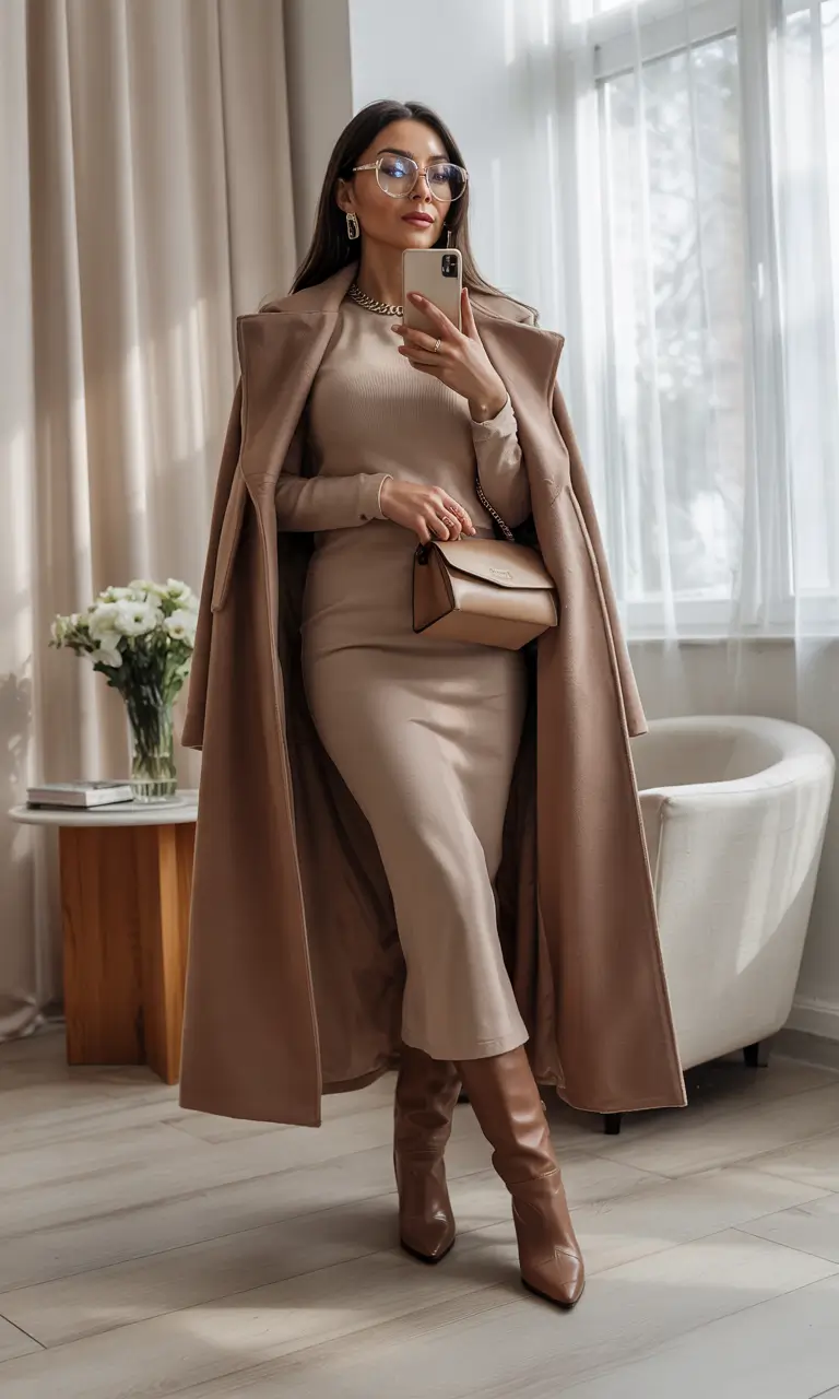classy winter outfits Monochrome Elegance in Camel Tones