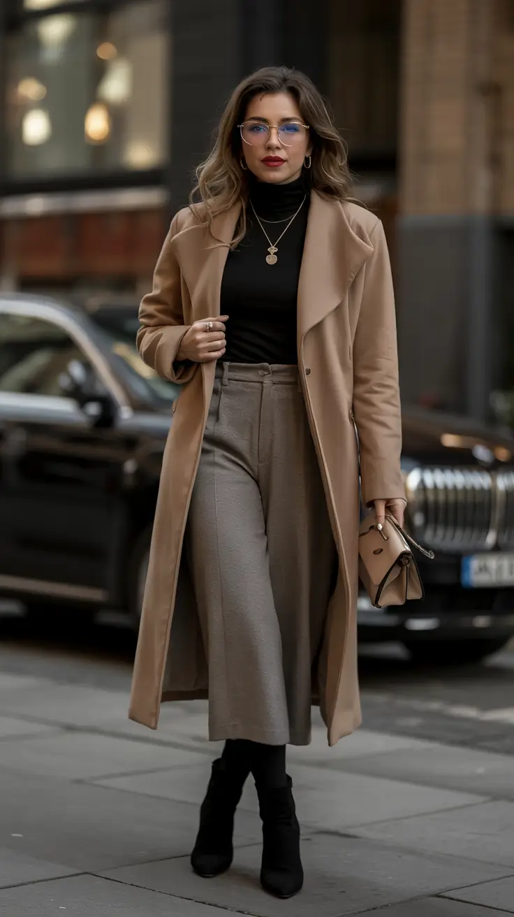 classy winter outfits Refined Neutrals with Wide-Leg Trousers