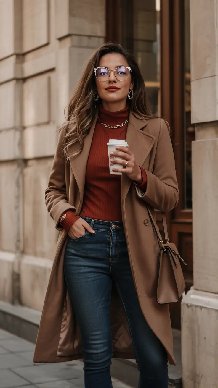 classy winter outfits Warm Rust Accents with Denim
