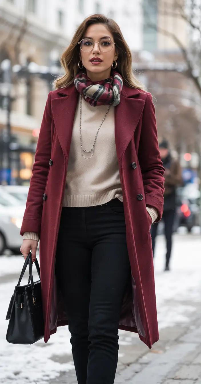 classy winter outfits Burgundy Coat with Winter Accessories