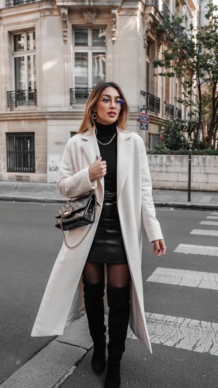 classy winter outfits chic elegant White Coat with Leather Skirt Confidence