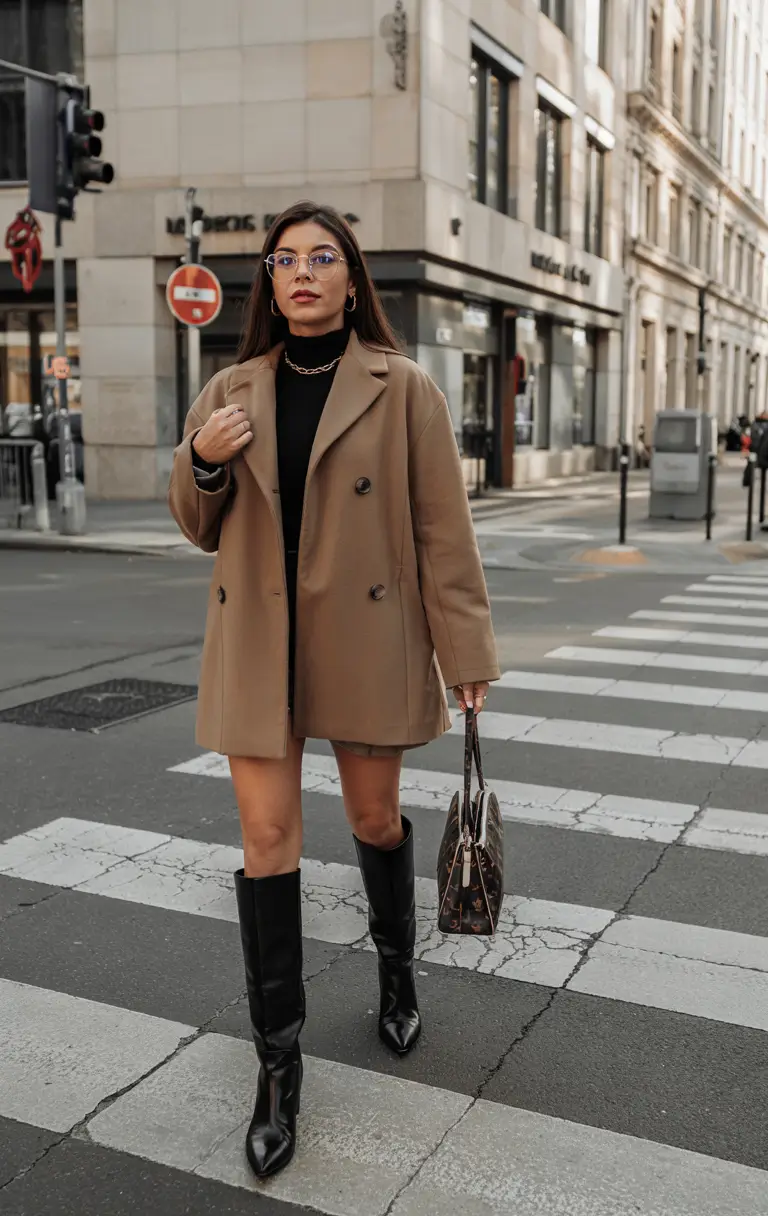 classy winter outfits night Mini Coat Statement with Tall Boots