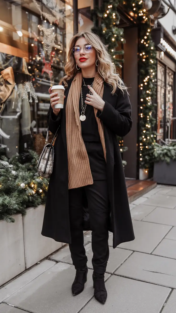 classy winter outfits dinner Black and Camel Holiday Charm