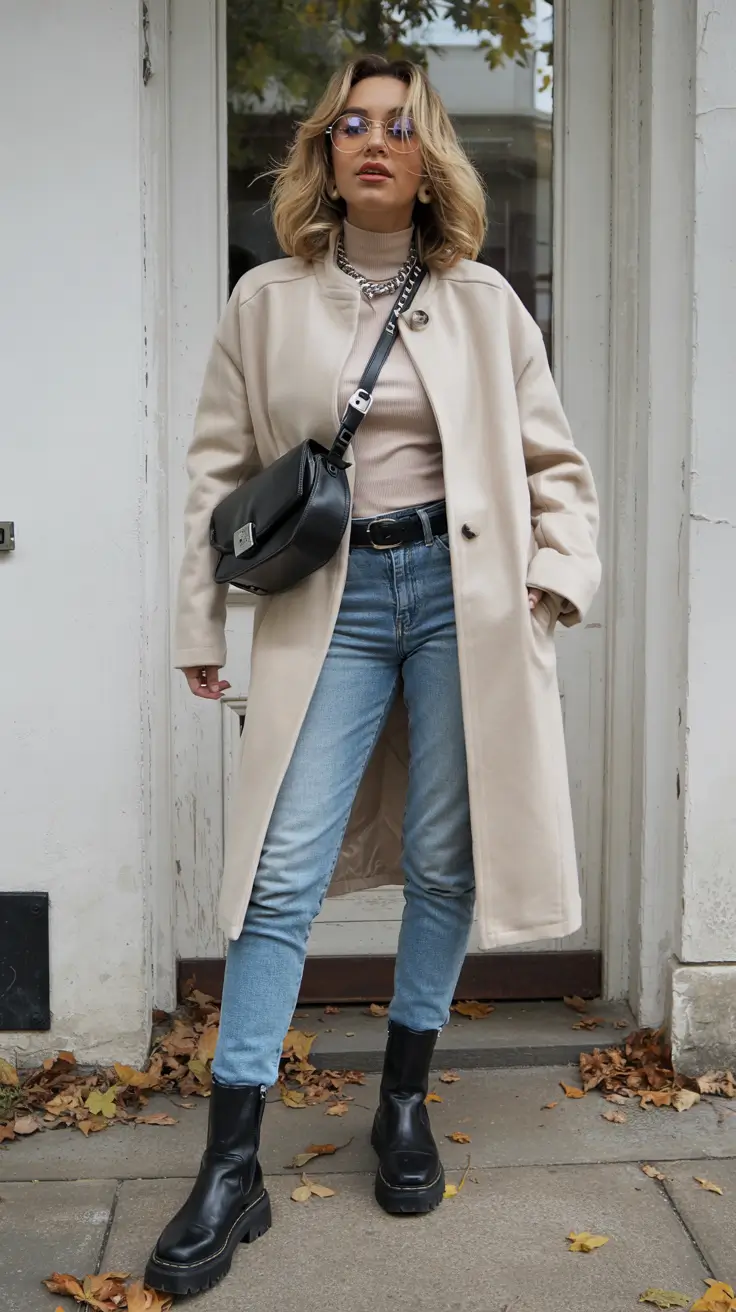 classy winter outfits casual Modern Neutral Layers with Chunky Boots
