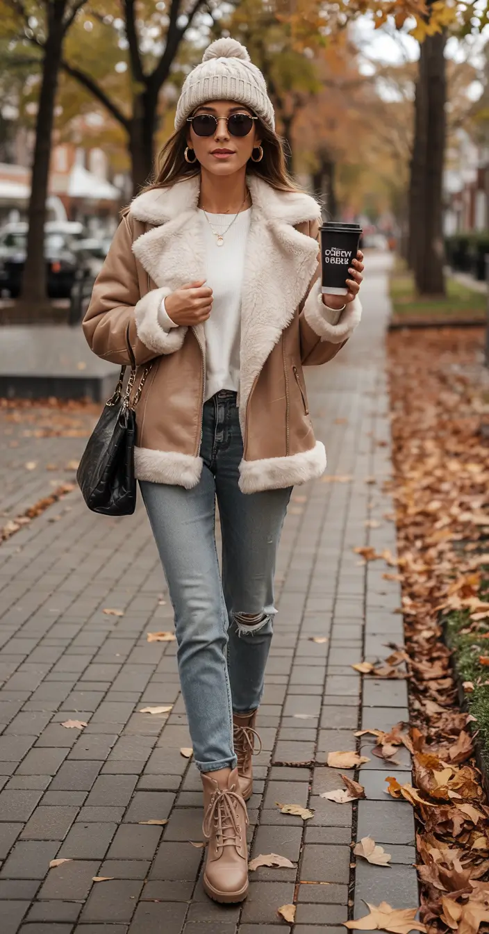 Comfy Winter Outfits 2025 Shearling Jacket With Everyday Denim