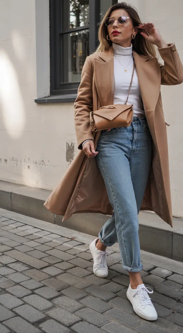 Comfy Winter Outfits 2025 Timeless Camel and Denim Combo