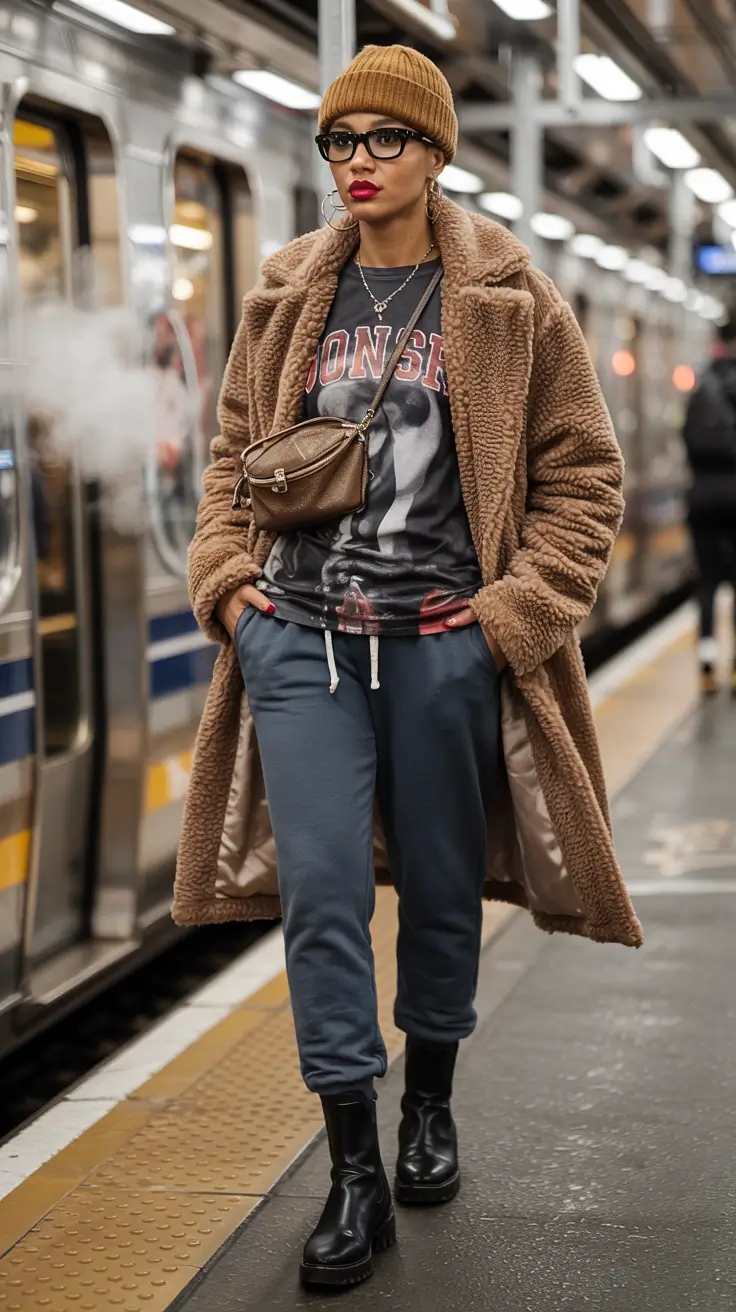Comfy Winter Outfits 2025 Graphic Tee and Teddy Coat Edge