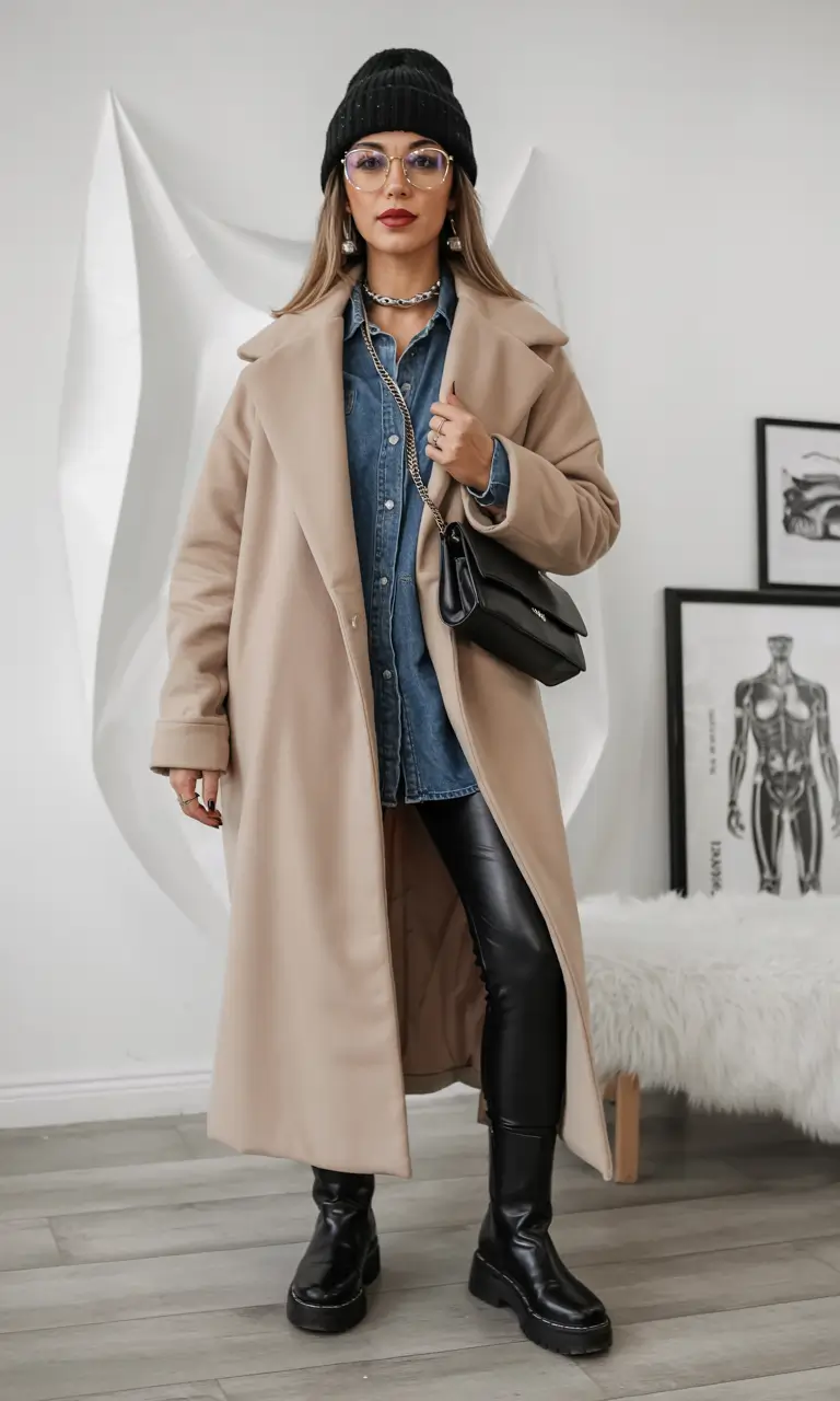 Comfy Winter Outfits 2025 Denim Shirt and Structured Outerwear