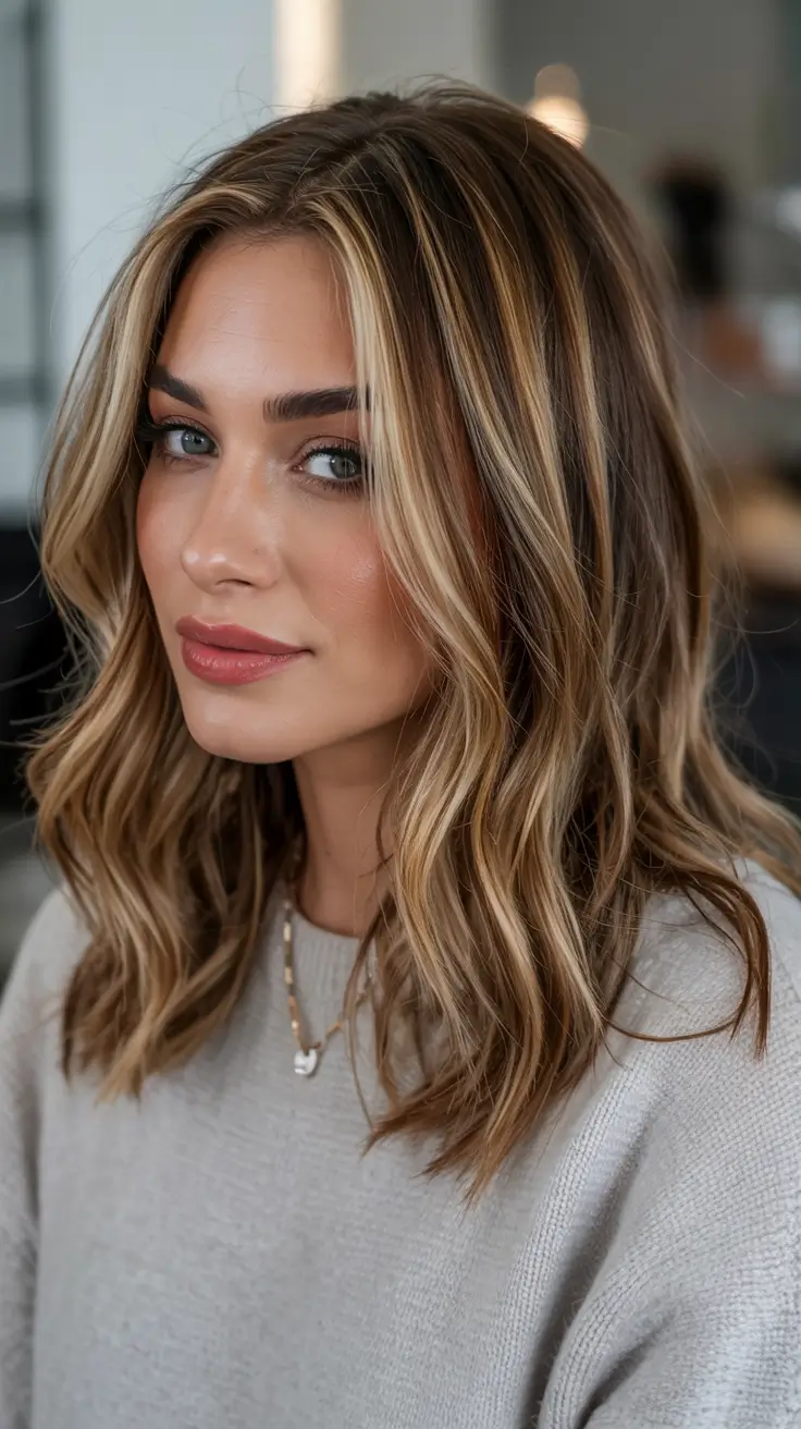 cute winter haircuts Dimensional Brunette Lob with Caramel Ribbons