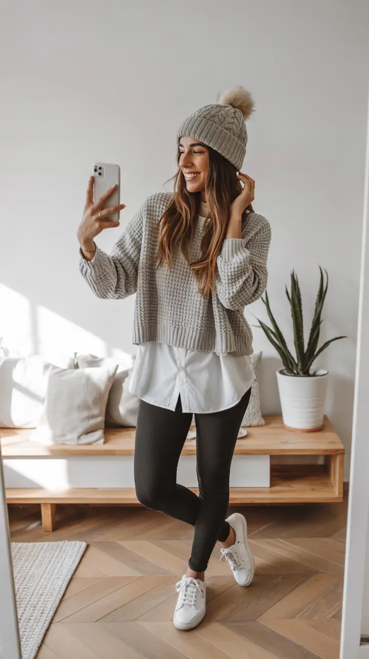 cute winter outfits Effortless Layers with a Knit Beanie