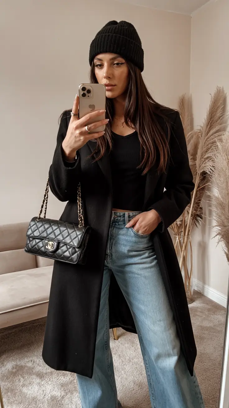 cute winter outfits Monochrome Black with Denim Twist