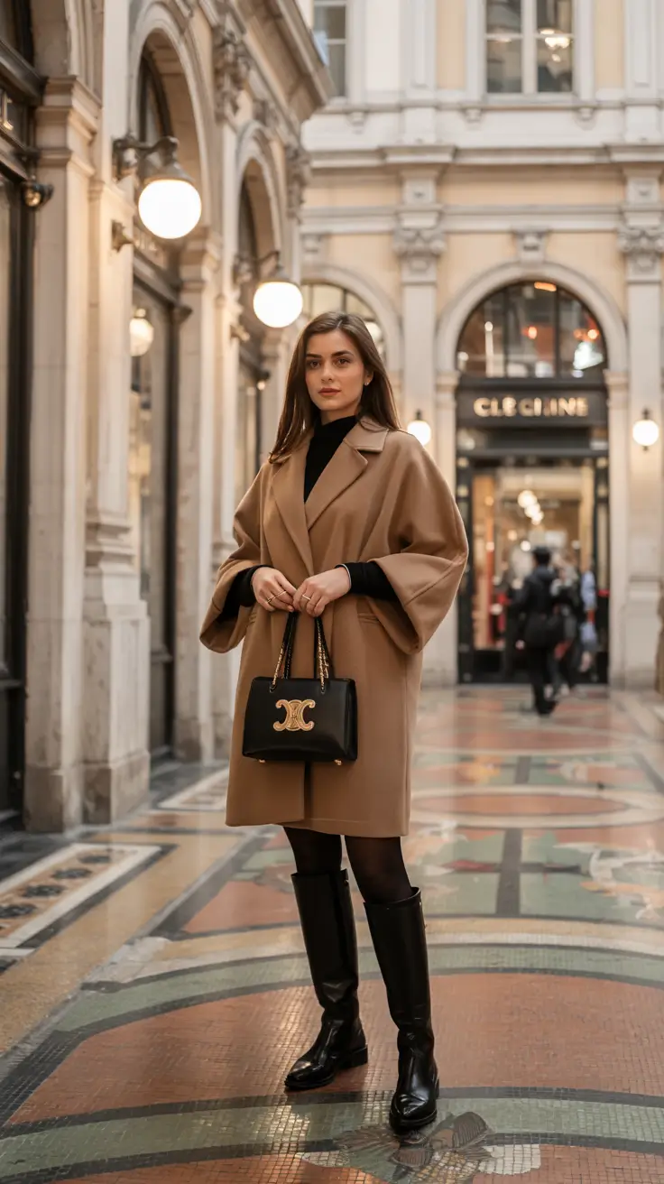 cute winter outfits Camel Coat with Knee-High Boots