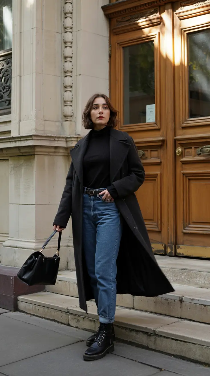 cute winter outfits Minimalist Black-on-Black Chic
