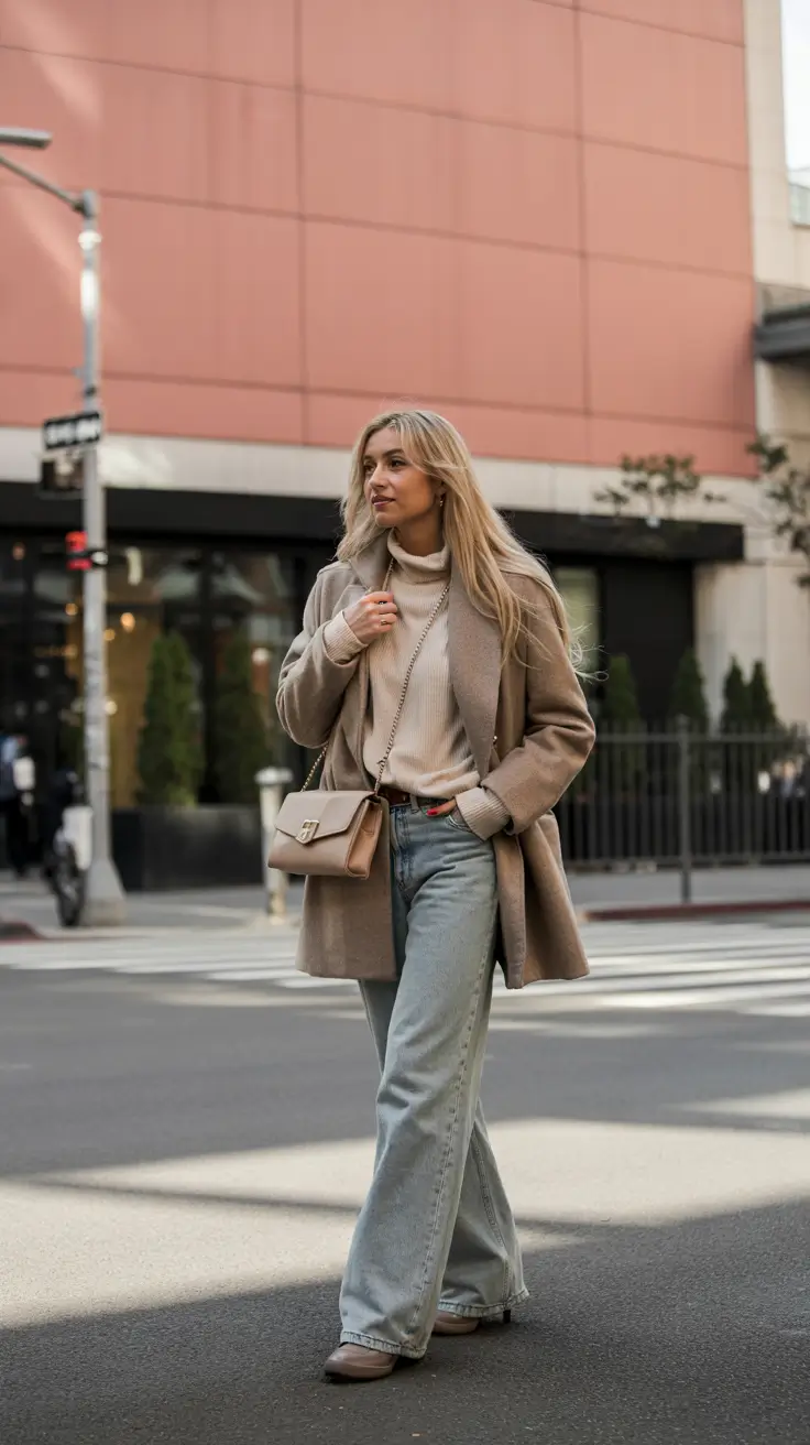 cute winter outfits Soft Elegance with Wide-Leg Denim