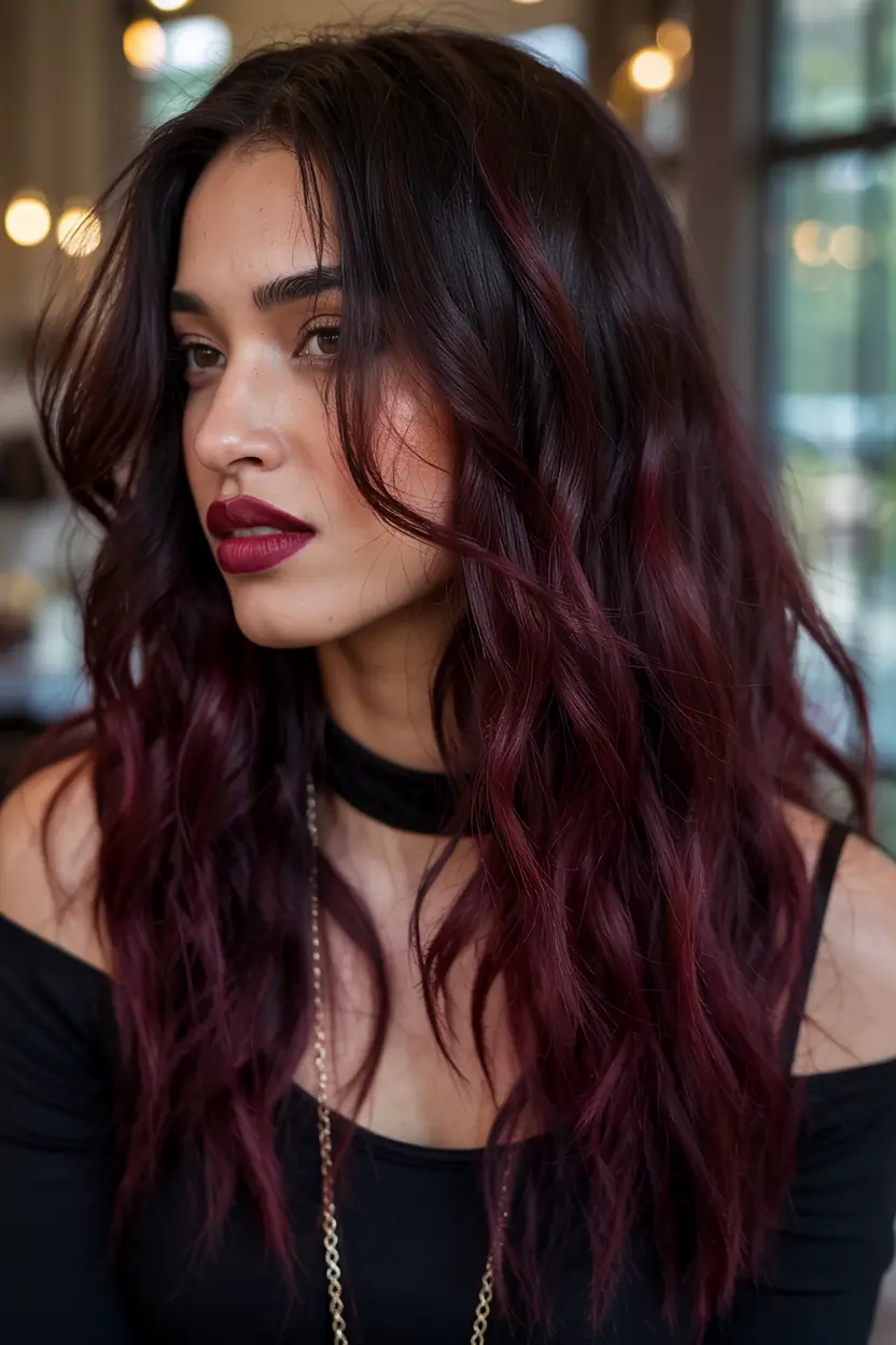 Hair Colors Winter 2025-2026 Dark Skin Velvety Burgundy Waves