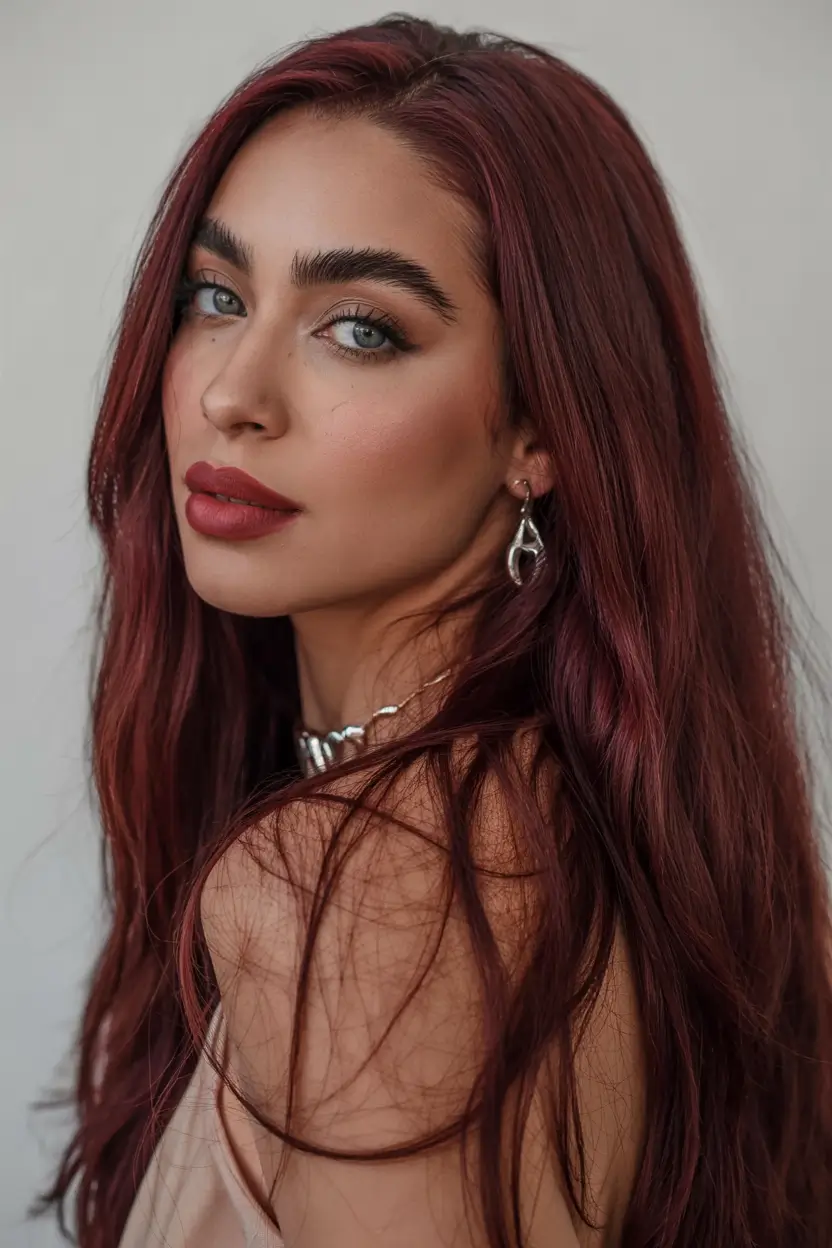 Hair Colors Winter 2025-2026 Dark Skin Wine-Toned Red with a Sultry Edge