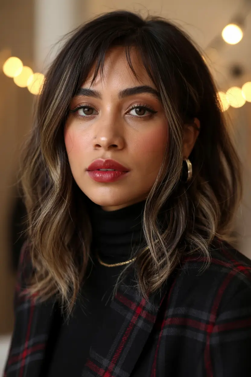 Hair Colors Winter 2025-2026 Dark Skin Layered Bob with Smoky Blonde Highlights