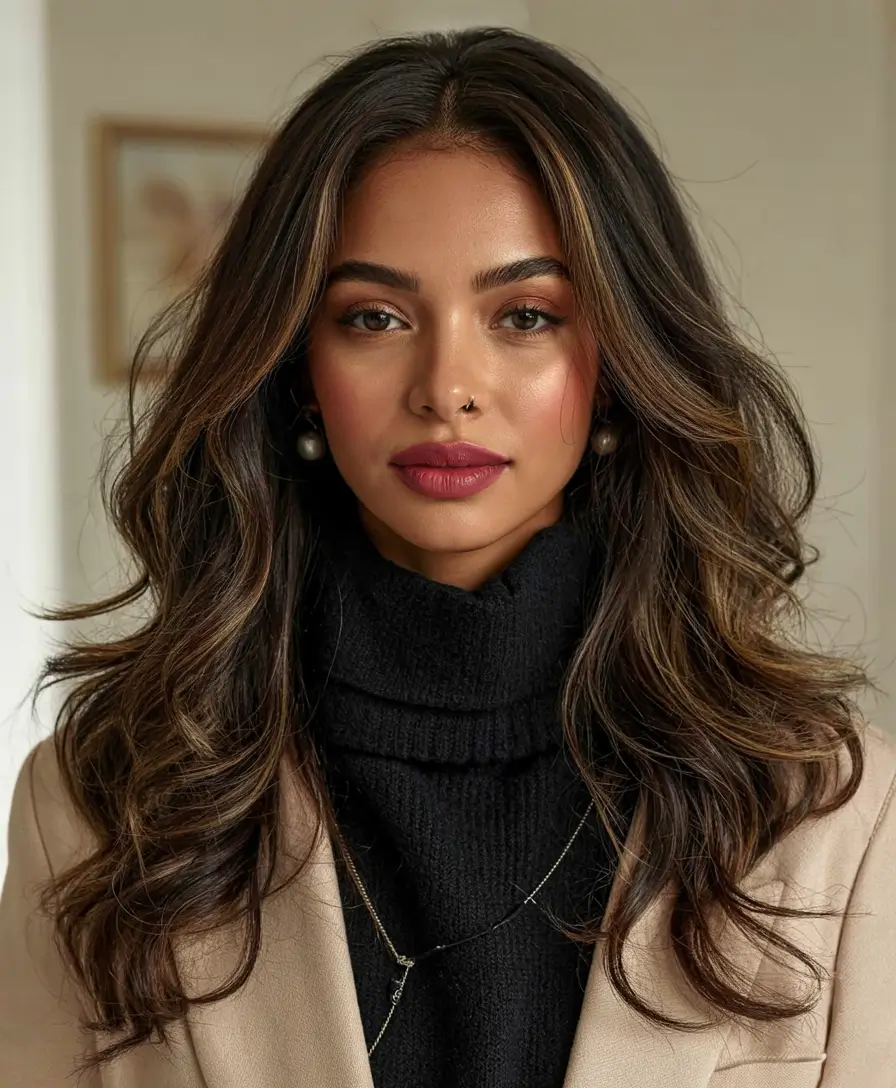 Hair Colors Winter 2025-2026 Dark Skin Glossy Espresso Balayage