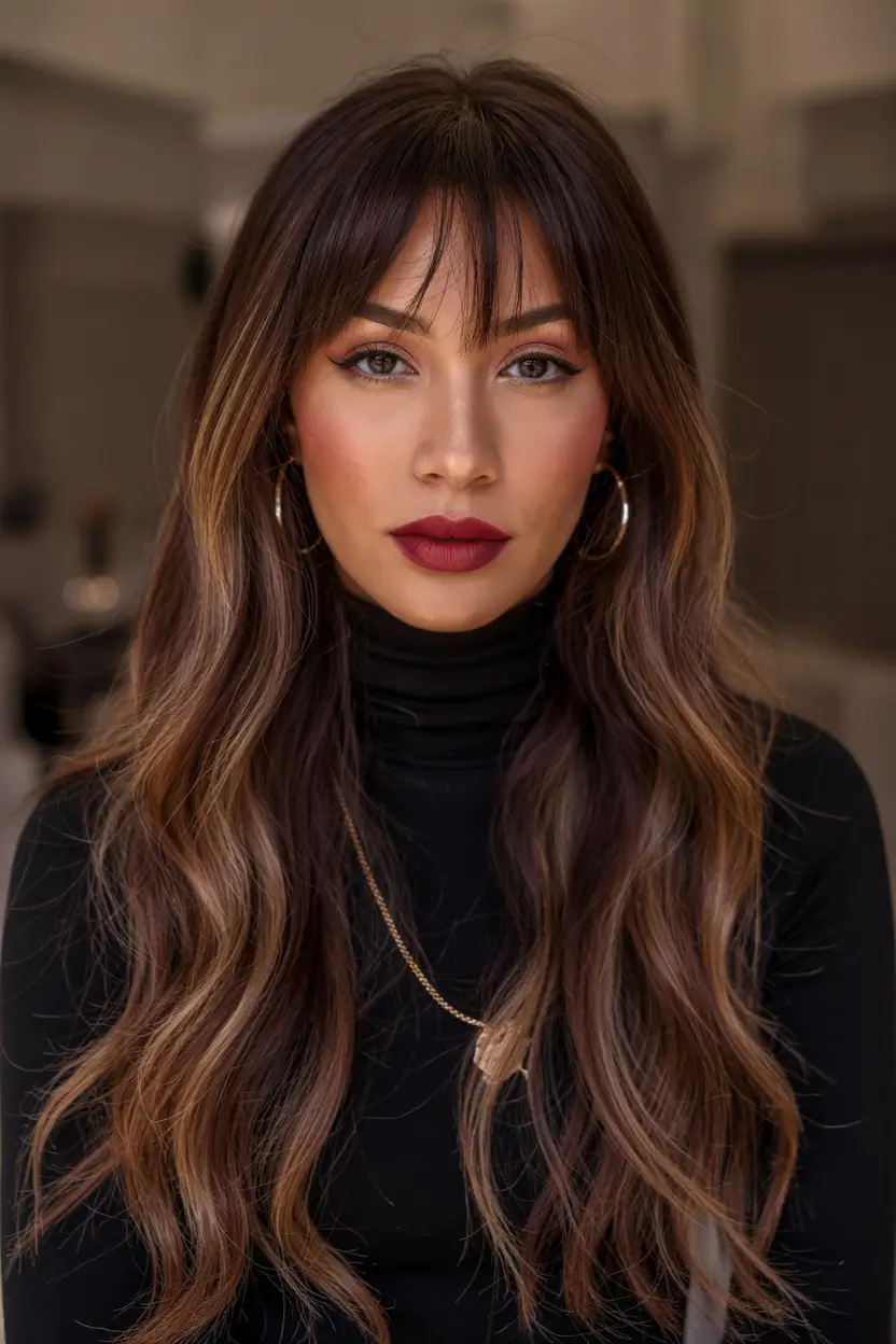 Hair Colors Winter 2025-2026 Dark Skin Warm Brunette With Curtain Bangs