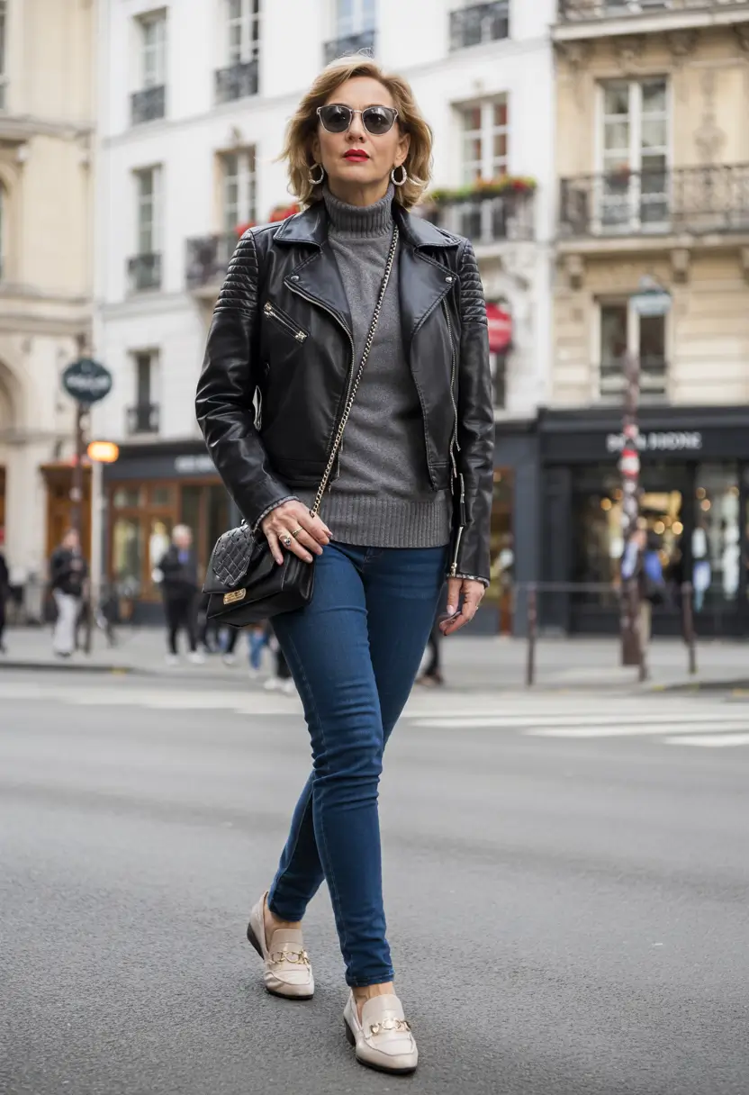 winter-outfits-over-50-older-women-leather-jacket