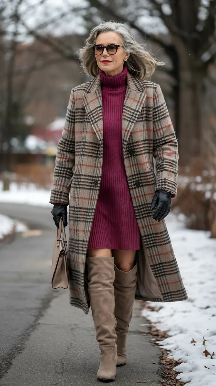 winter-outfits-over-50-older-women-plaid-dress