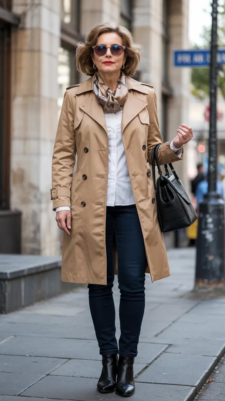 winter outfits over 50 older women Trench Coat Elegance